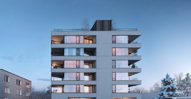 Obrazek przedstawia wizualizację bloku mieszkalnego Pułaskiego 19 w trakcie zimy.