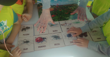 Rozłożona na stole gra edukacyjna przedstawiająca owady żyjące na łąkach. Wokół stołu stoją dzieci